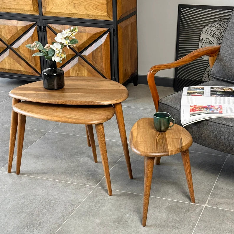 Nesting Coffee Table Set Walnut Side Table Mid Century Modern Living Room Furniture Housewarming Gift