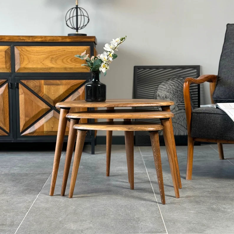 Nesting Coffee Table Set Walnut Side Table Mid Century Modern Living Room Furniture Housewarming Gift