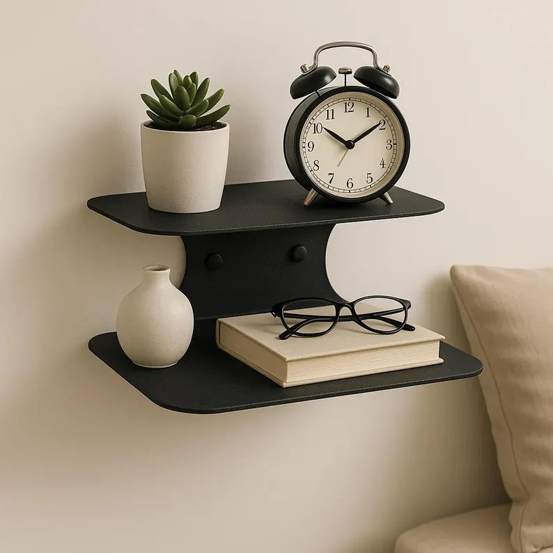 Modern Floating Nightstand, Wall-Mounted Bedside Table, Minimalist Metal Shelf, Contemporary Bedroom Organizer, Metal Double-Tier Shelf