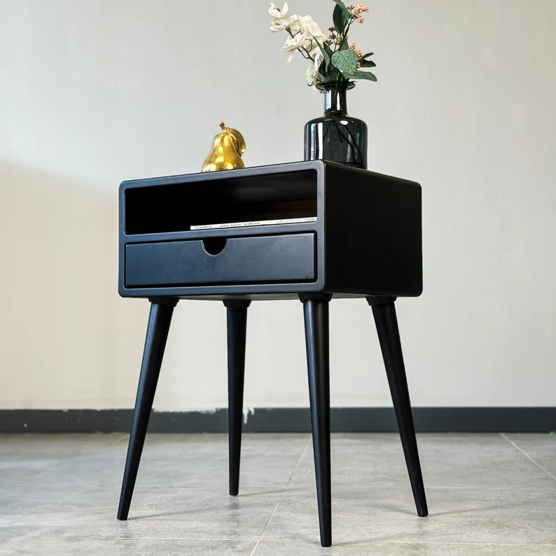 Nightstand with Drawer Black Bedside Table Mid Century Modern Narrow Side Table Bedroom Furniture Handmade