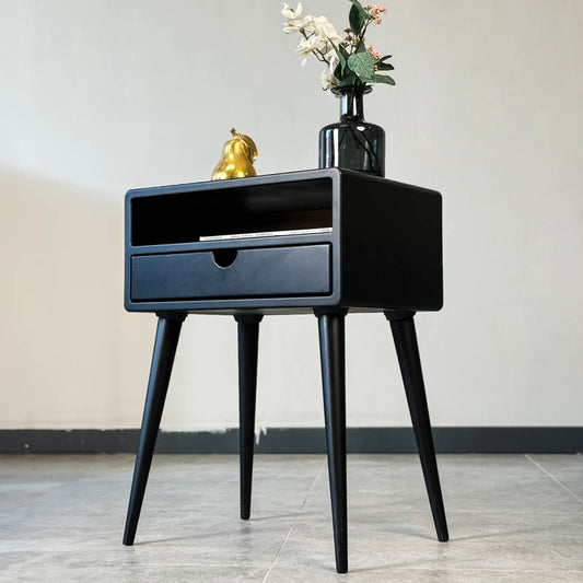 Nightstand with Drawer Black Bedside Table Mid Century Modern Narrow Side Table Bedroom Furniture Handmade