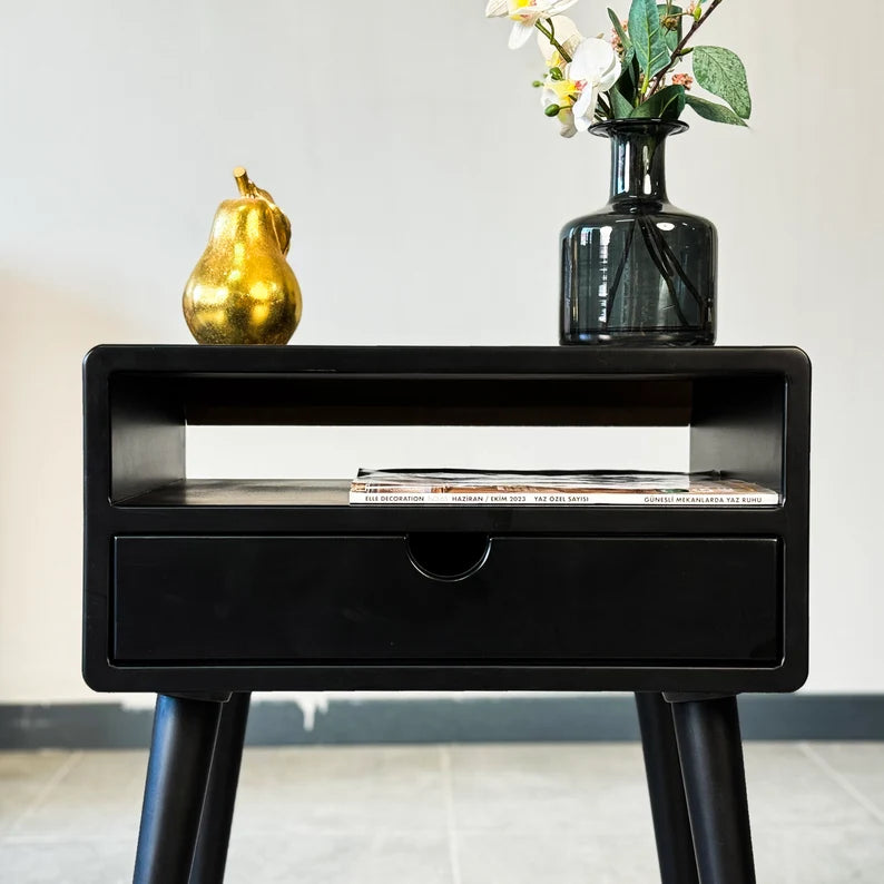Nightstand with Drawer Black Bedside Table Mid Century Modern Narrow Side Table Bedroom Furniture Handmade