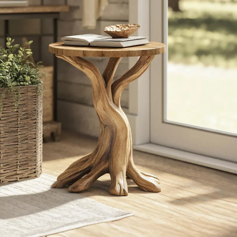 Handcrafted round end table solid wood table live edge table rustic table handmade table for living room bedroom unique home décor