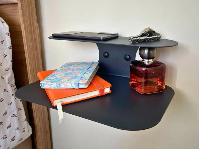 Modern Floating Nightstand, Wall-Mounted Bedside Table, Minimalist Metal Shelf, Contemporary Bedroom Organizer, Metal Double-Tier Shelf
